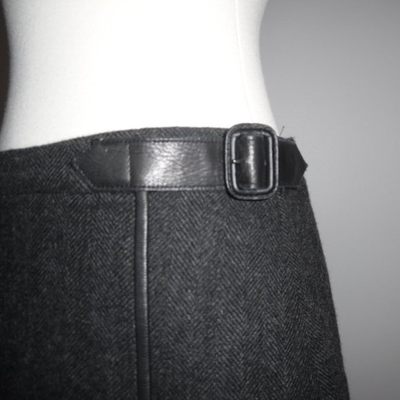 Ralph Laurent Blue Label Gray Wrap Chevron Wool Real Leather Trim Skirt 4 - Picture 5 of 13